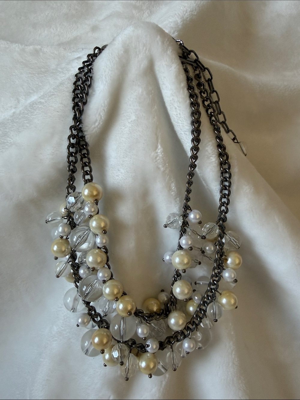Elegant Pearl & Crystal Multi-Row Necklace - White/Cream